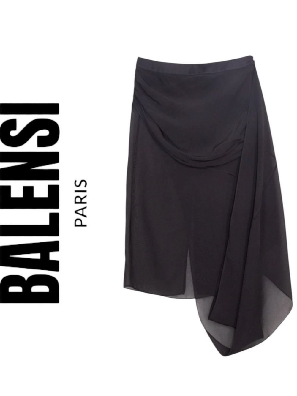 Balensi Paris Black Draped Asymmetrical Wool Midi Skirt Women’s Size M Designer